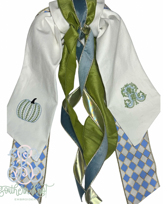 Embroidered Fall Wreath Sash — Monogram & Pumpkin, Blue & Sage