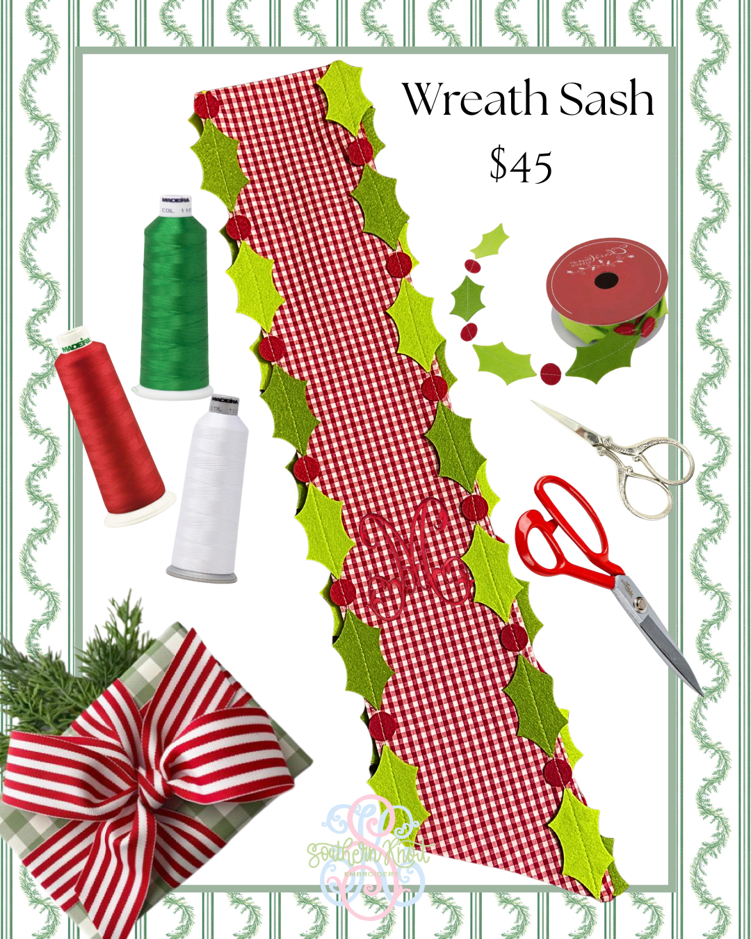 Red Gingham & Holly Wreath Sash