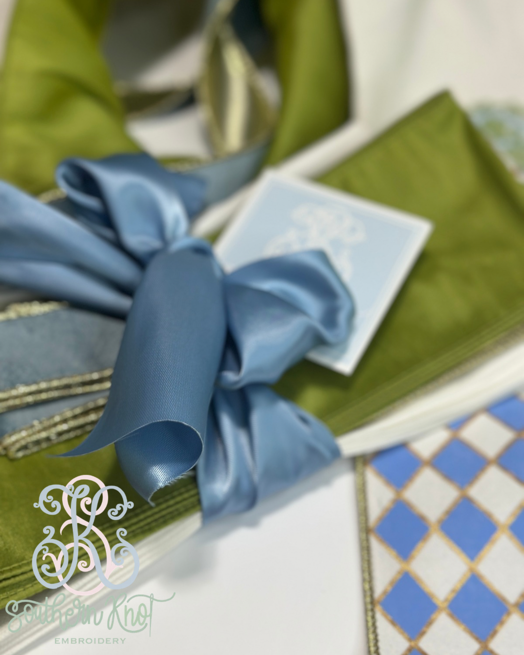 Embroidered Fall Wreath Sash — Monogram & Pumpkin, Blue & Sage