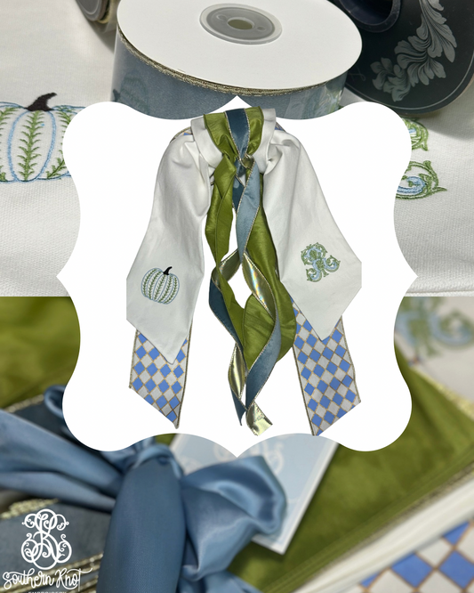 Embroidered Fall Wreath Sash — Monogram & Pumpkin, Blue & Sage