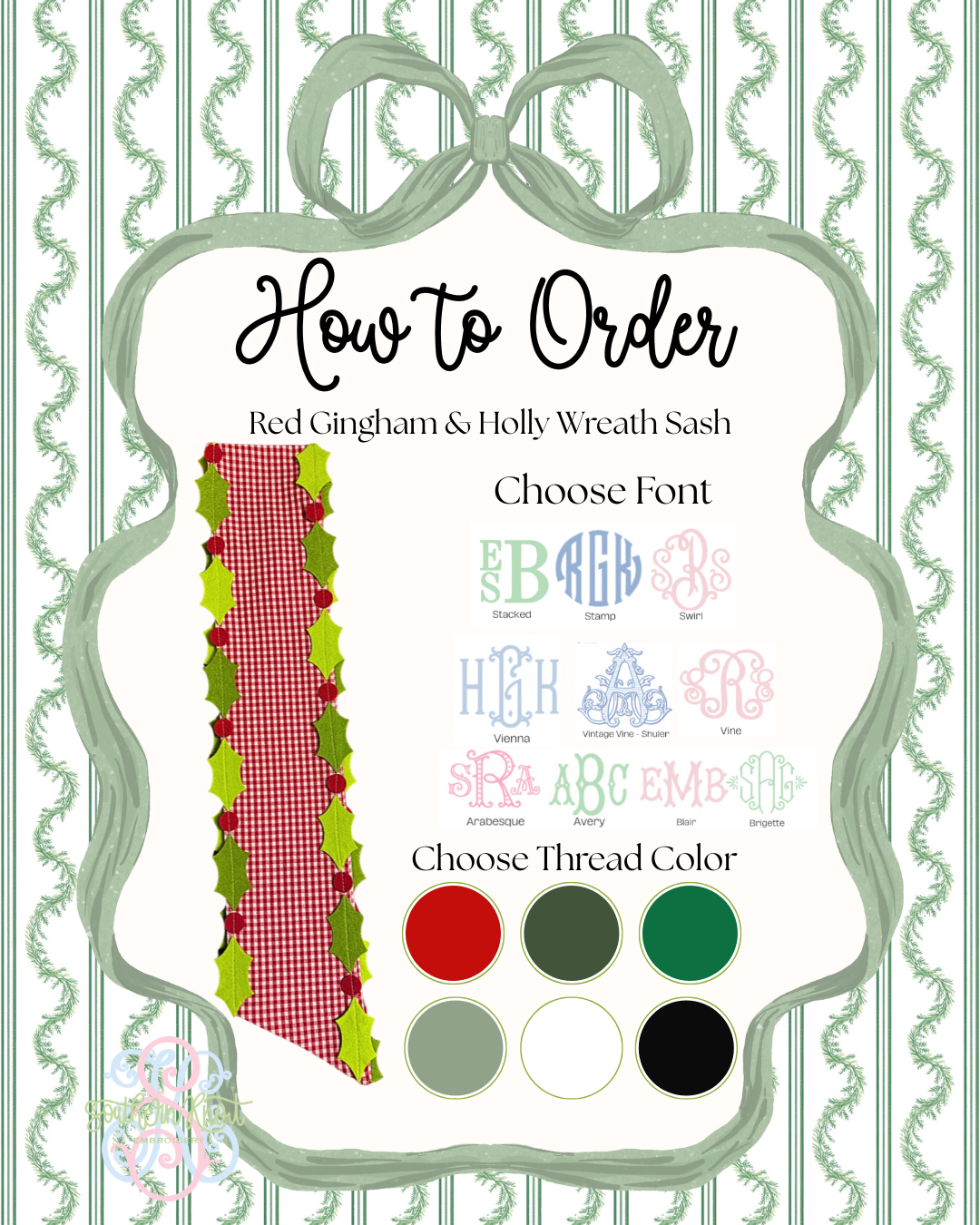 Red Gingham & Holly Wreath Sash