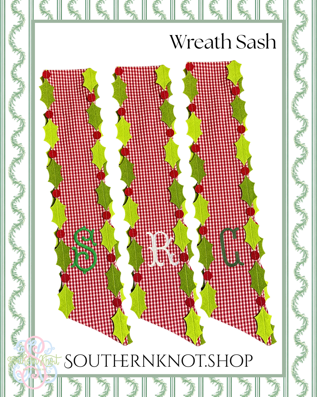 Red Gingham & Holly Wreath Sash